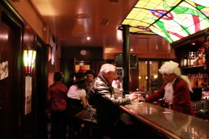 Regular and bartender before the game. The world needs more bartenders in 18th century costumes.